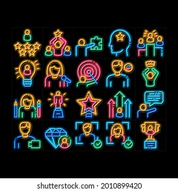 Human Talent Elements Neon Leuchtzeichen Vektor. Leuchtende Icon-Ideen und Zielvorstellungen, Diamanten und Stern, Unterzeichner, Sprecher und Schauspieler-Talentillustrationen