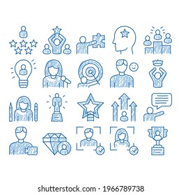 Human Talent Elements sketch icon vector. Hand drawn blue doodle line art Idea And Target, Diamond And Star, Signer, Speaker And Actor Talent Illustrations