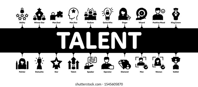 Human Talent Minimal Infographic Web Banner Vector. Idea And Target, Diamond And Star, Signer, Speaker And Actor Talent Concept Linear Pictograms. Contour Illustrations