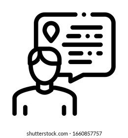 Persona Hablando Sobre El Vector De Línea Ligera De Icono De Ubicación. Hablando El Hombre Silhouette Y El Marco De Cita Texto Y El Gps Marcan El Concepto Pictograma Lineal. Signo de contorno monocromo símbolo de contorno aislado Ilustración
