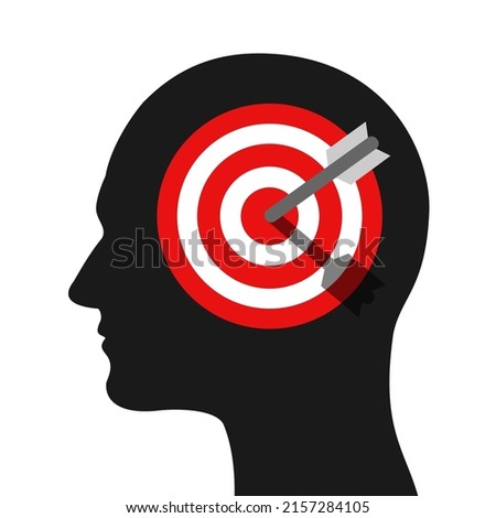 Human with target on the head - Man being killed, shot and assassinated. Strike and hit by arrow. Vector illustration isolated on white.	