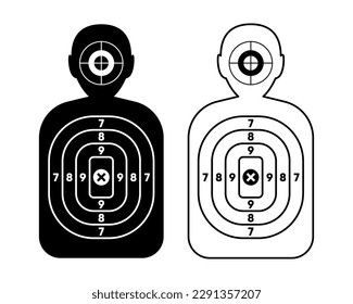 Blanco humano para disparar. Papel de rango de tiro con silueta de hombre, arma de pistola de bala disparada por arma de fuego arco de apoyo militar. Practicando tiro o disparo de objetivos. Ilustración vectorial.