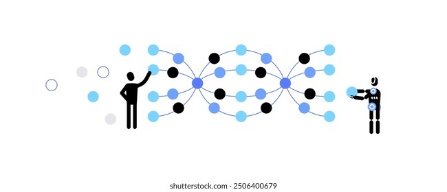 Human teaching a robot. Neural neworks. Machine learning concept. Flat illustration. Vector file.