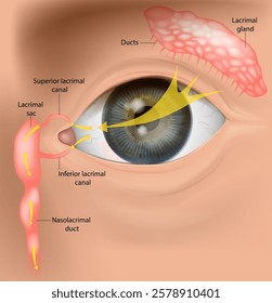 Human Tear Drainage System Anatomy. Lacrimal Apparatus and Tear Flow Pathway. Tear Duct Anatomy and Function Diagram. How Tears Flow