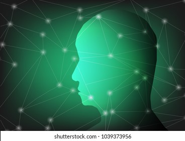 Human and Technology concept. head of man double exposure on green background  and polygon line link with lighting effect. brain thinking system process. technology abstract background
