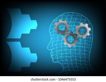 Human and Technology creative thinking concept. head of man blue color and cog wheel inside on dark blue background with copy space. vector illustrations