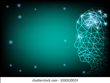 Human and Technology creative thinking concept. head of man polygon on dark green background with copy space and lighting beam effect vector illustrations