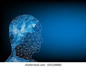 Human and Technology creative thinking concept. head of man polygon  blue color on dark blue background with copy space. vector illustrations 