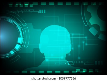 Human and Technology creative thinking concept. head of man with lighting effect circuit futuristic style on dark green background vector illustrations. digital electronics technology concept