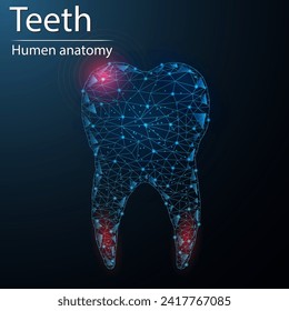 Dientes humanos anatomía órgano traslúcido bajo triángulo de poli futurista brillante. Sobre fondo azul oscuro. El tratamiento dental y el concepto de restauración.