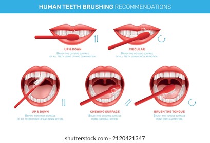 Human teeth brushing realistic infographics with images of mouth representing different moves with editable text captions vector illustration