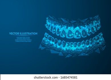 Human teeth close-up. Invisible lingual braces. Correction of snack. Orthodontics, stomotology, innovative medical technology. 3d low poly wireframe isolated vector illustration.