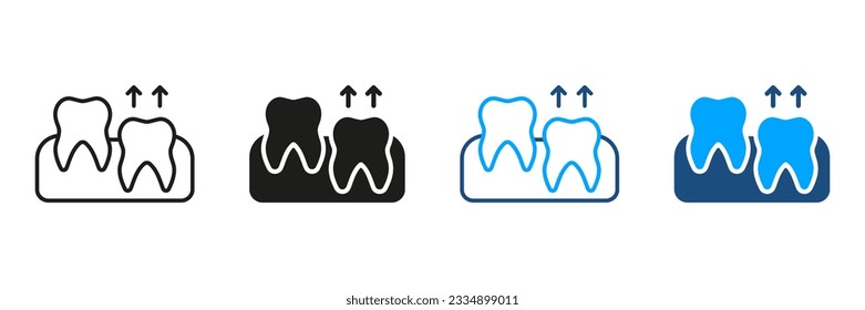 Human Zeth Growth Silhouette und Line Icon Set. Weisheit-Teething-Prozess. Zähne-Eruption-Piktogramm. Orale Medizin, Zahnbehandlung, Zahnarztsymbolsammlung. Einzelne Vektorgrafik.