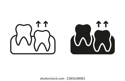 Human Teeth Growth Silhouette and Line Icon Set. Teeth Eruption Pictogram. Wisdom Teething Process. Oral Medicine, Dental Treatment, Dentistry Black Symbol Collection. Isolated Vector Illustration.