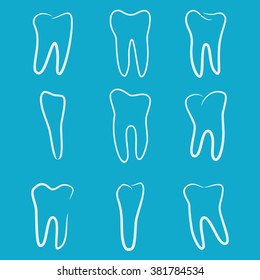 Human teeth icons set isolated on blue background for dental medicine clinic. Linear dentist logo. Vector EPS10