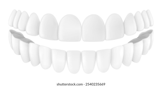 Dentes Humanos para Medicina e Dentes de Pasta Conceito isolado em fundo branco. White Denture Closeup. Odontologia e Ortodontia Design. Renderização Realista de Vetor 3d