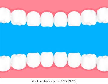 Human teeth in mouth. Info-graphic, dental care concept. Illustration isolated on blue background.