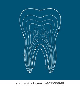 Modelo de contorno de placa de circuito electrónico de órgano dental humano. Aislado sobre fondo azul. Ciencia y tecnología médica concepto. Ilustración vectorial EPS10.