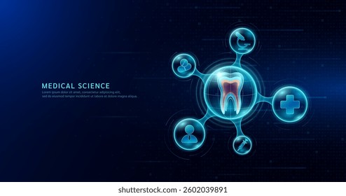 Human teeth organ inside transparent molecule with icons doctor pill syringe stethoscope saline bag and cross on dark blue digital technology background. Medical science. Vector EPS10.