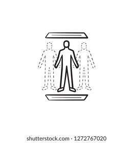 Human teleportation technology hand drawn outline doodle icon. Superhuman science, future technology concept. Vector sketch illustration for print, web, mobile and infographics on white background.