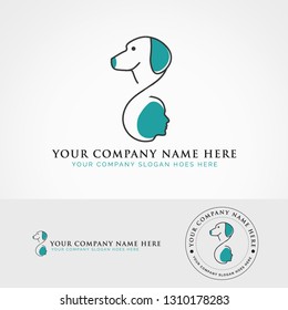 a human that is the trainer with big dog to represent connection and chemistry between the dog trainer and the dog itself and set in infinity style between the two