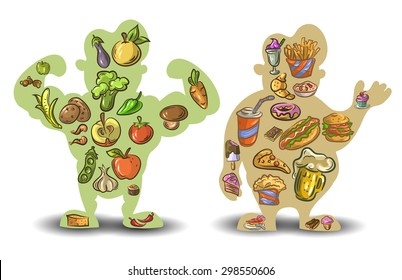 Human, thin, fat. Nutrition, diet, food. Vector illustration