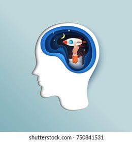 Human thinking business start up concept.Paper carve of brain with hand of businessman holding rocket ship paper art style.Vector illustration.