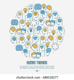 Human thinking concept in circle with thin line icons of head silhouette. Vector illustration for survey about human brain, web page of psychologist, print media.