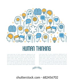 Human thinking concept with thin line icons of head silhouette. Vector illustration for survey about human brain, web page of psychologist, print media.