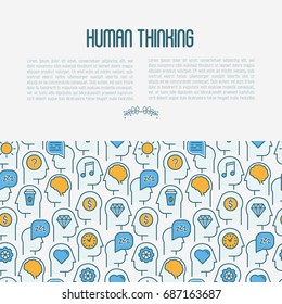 Human thinking concept with thin line icons of head silhouette. Vector illustration for survey about human brain, web page of psychologist, print media.