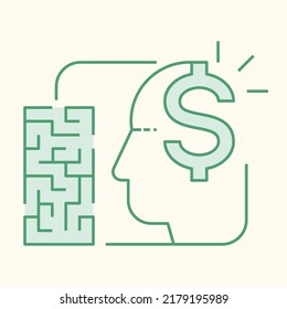 Human Thinking, Figure Out, Find The Way Through A Maze With Dollar Sign Brain. Financial Matter Judgement. Money Sense Concept. Vector Illustration Outline Flat Design Style.
