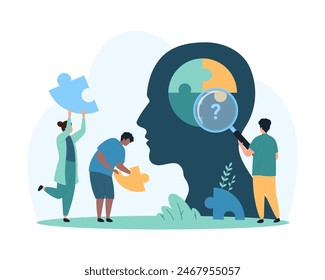 Human thinking and identity creation, psychology and creative solutions. Tiny people looking through magnifying glass at puzzle inside head, holding missing jigsaw piece cartoon vector illustration