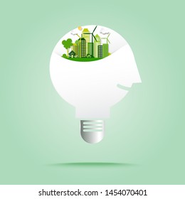 Human thinking on green eco city with save energy and recycle concept in light bulb paper art style.Ecology and environment conservation concept vector illustration