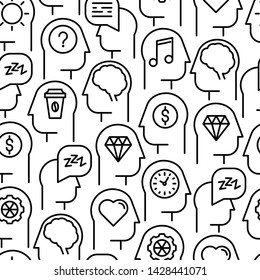 Human thinking seamless pattern with thin line icons of head silhouette. Vector illustration for survey about human brain, web page of psychologist, print media.