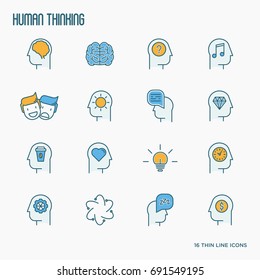 Human thinking thin line icons set of head silhouette. Vector illustration for survey about human brain, web page of psychologist, print media.