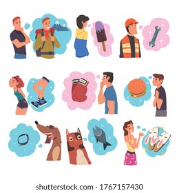 Human Thoughts and Needs Set, People and Animals Dreaming about Sweets, Food, Vacation Cartoon Style Vector Illustration on White Background