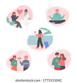 Human Thoughts and Needs Set, People Dreaming of Health, Vacation,Car, Relaxation, Romantic Relationship Flat Style Vector Illustration