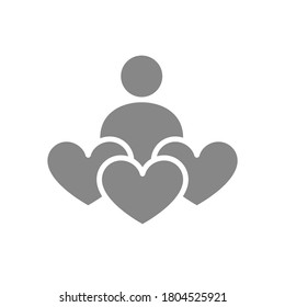 Human with three hearts, donation gray icon. Like, feedback, charity symbol
