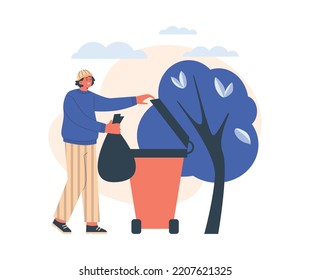 Human throws bag of garbage into big bin under tree flat style, vector illustration isolated on white background. Household character, cleaning, environment