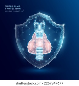 Human thyroid gland anatomy organ translucent low poly triangle inside shield futuristic glowing. On dark blue background. Immunity protection medical innovation concept. Vector EPS10.