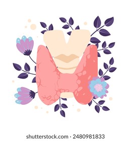 Human thyroid gland with blue and purple flowers, internal organ of endocrine system. Healthy thyroid of butterfly shape to produce hormones, blooming herbs decoration cartoon vector illustration