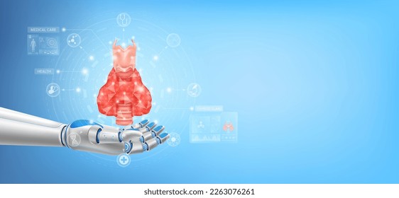 Human thyroid gland float away from in robot hand. Futuristic medical cybernetic robotics technology. Innovation artificial intelligence robot assist care health. With copy space for text. 3D Vector.