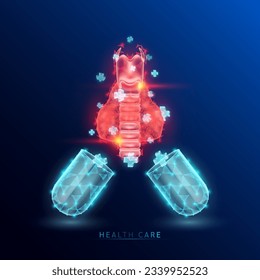 Human thyroid gland organ red and medical sign symbol blue cross float out capsule translucent glowing low polygonal triangle. Health care innovation treatment. On dark blue background modern design.