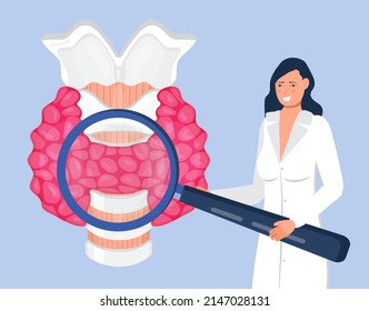 Human thyroid gland vector. Endocrimologist with magnifier. Hypothyroidism concept vector. Endocrinology diagnose illustration. Thyroid cartilage, trachea. World hypoparathyroidism day concept