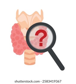 Human thyroid with question mark isolated on white background. Thyroid, magnifying glass, red question mark on it. Causes of thyroid diseases. Research and diagnosis of thyroid gland disease, concept.