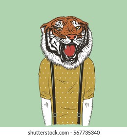 Human with tiger head vector illustration. Hipster t-shirt hand drawn design