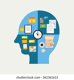  Human time management. Human thinking of daily life. The functioning of the human body and the brain