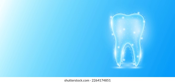 Human tooth anatomy form line triangles connecting on blue background. Futuristic glowing organ hologram translucent white and copy space for text. Medical anatomical concept. Modern design vector.