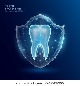 Human tooth anatomy organ translucent low poly triangle inside shield futuristic glowing. On dark blue background. Immunity protection medical innovation concept. Vector EPS10.