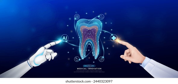 Diente humano en el átomo. Doctor y robot dedo de tocar icono AI símbolo de la cruz. El cuidado de la salud a la inteligencia artificial cyborg o la innovación tecnológica ciencia médica futurista. Banner vector EPS10.